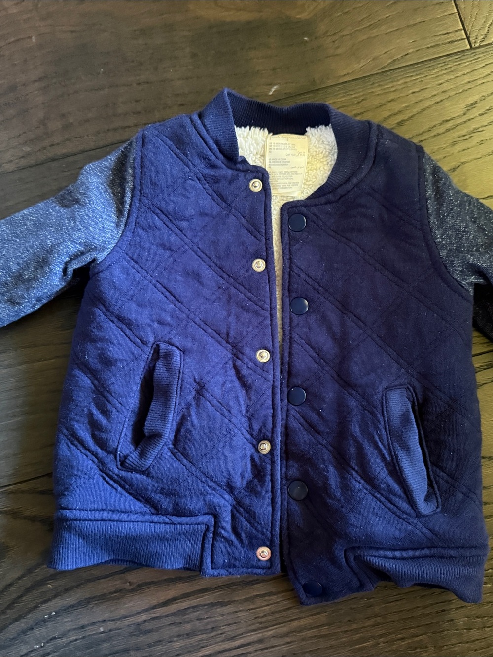 First Impressions Navy Quilted Snap-Front Jacket with Contrast Sleeves